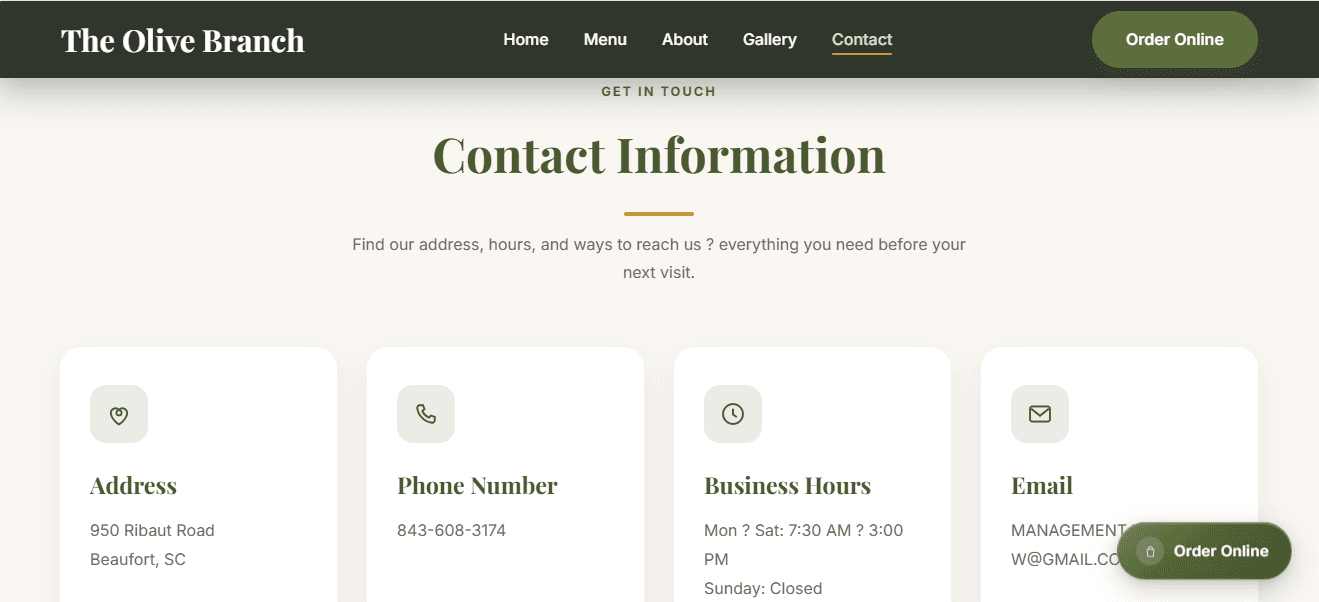 The Olive Branch Cafe contact information section
