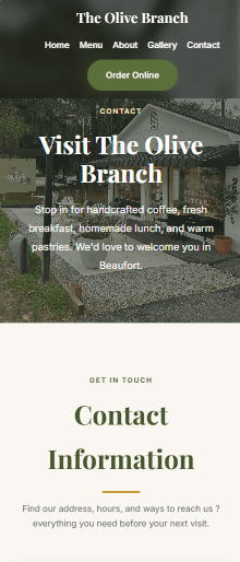 The Olive Branch Cafe contact page on mobile