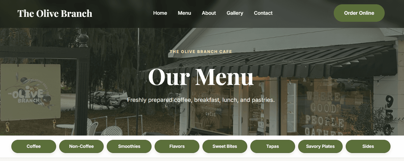 The Olive Branch Cafe menu page